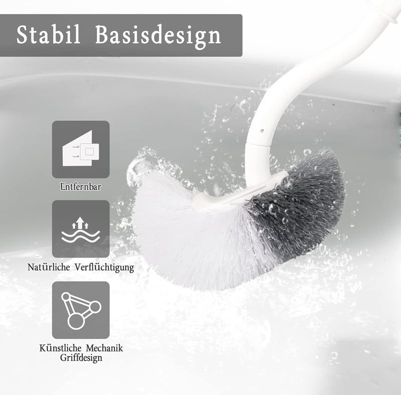 WC-kefe szett erős sörtékkel és peremtisztítóval - 2 db fehér, hosszú nyelű toilette kefe tartóval