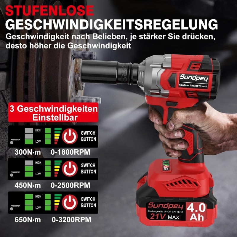 Sundpey Akkumulátoros Ütvecsavarozó 650 Nm - 21V Kétsebességes Behajtó 2db 4000 mAh Akkuval, 6 Dugókulccsal, 9 Fúróval, LED Világítással, Ot