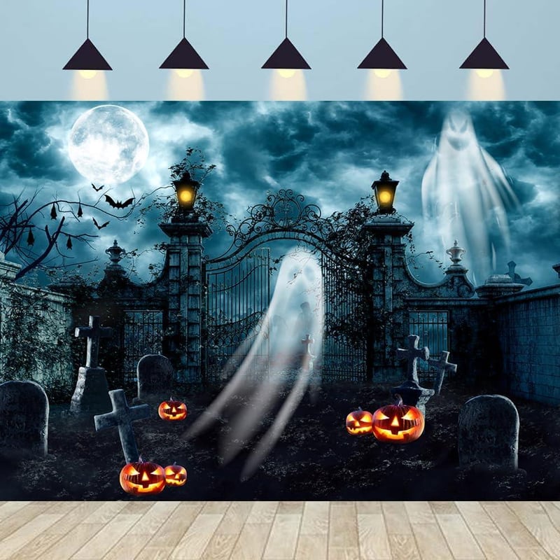 Kísérteties Halloween Háttér: Kék Temető Szellemekkel és Töklámpással