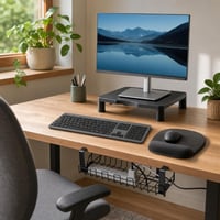 Usporiadaný pracovný kút: set klávesnice a myši + podložka + stojan na monitor + organizér káblov 1