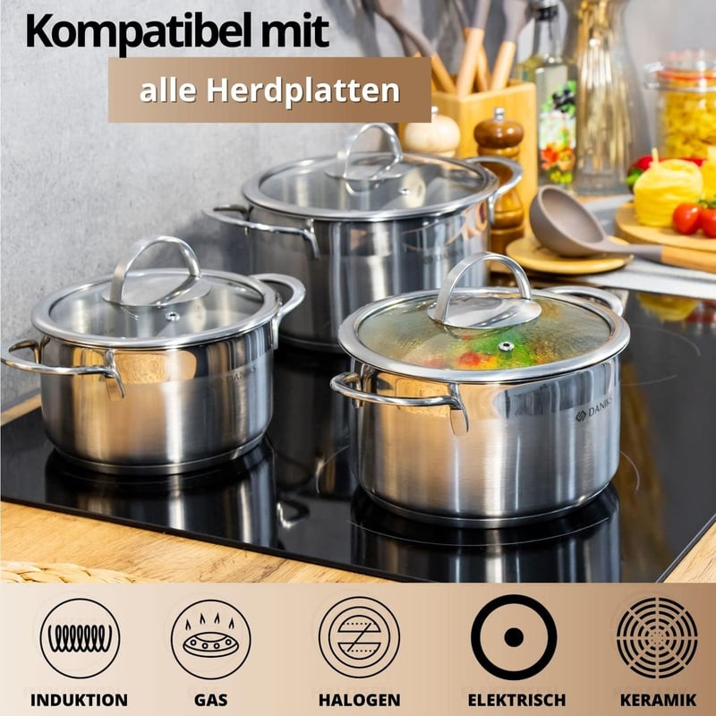 Daniks Bonn rozsdamentes acél főzőedény 3,4L űrtartalommal, indukciós tűzhelyre, mérőskálával, üvegfedővel, 20 cm, ezüst