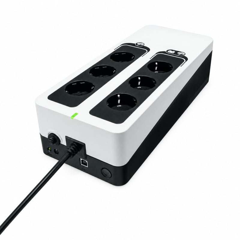 Záložný zdroj (UPS) Eaton 3S 550 DIN, 550 VA, 6 zásuviek DIN, USB, prepäťová ochrana, čiernobiela farba — (stav: pozri 2. obrázok)