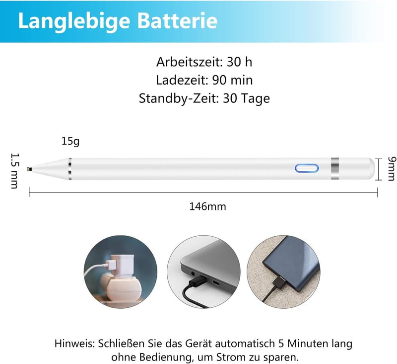 Mixoo 1,5 mm-es újratölthető érintőceruza iPad és okoseszközökhöz - Fehér