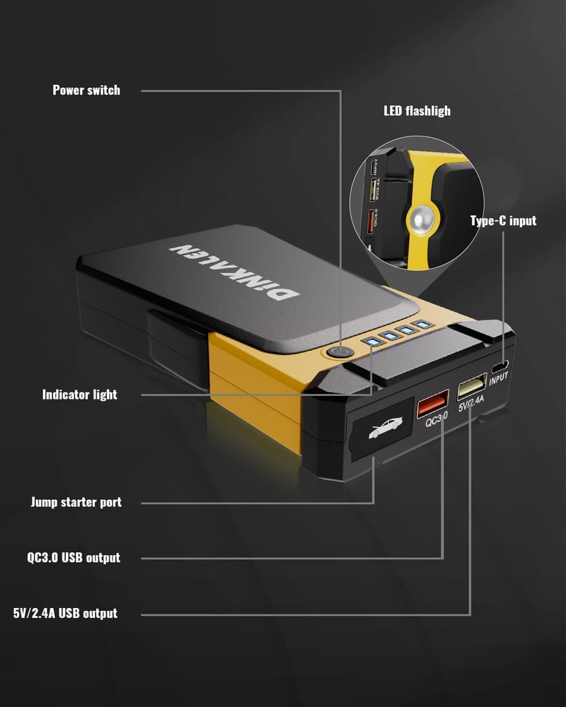 DINKALEN 1200A Autós Bikázó, 15800mAh, LED Lámpával, 8.0L Benzin/6.5L Dízel