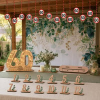 Dekoracija za 60. rođendan: 12x spirale + drvena knjiga gostiju + foto pozadina + 12x brojevi za stol 1