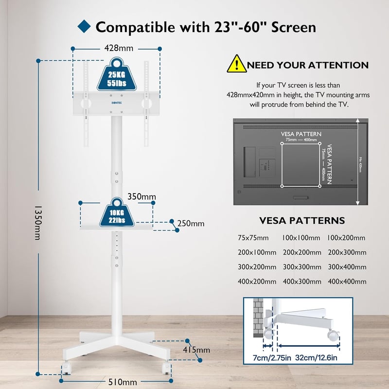 BONTEC Mobil TV Állvány Kerekekkel 23-60" Képernyőkhöz, Laptoptartó Polccal, Állítható Magasságú Görgős TV Kocsi, 25kg Teherbírás, VESA 400x