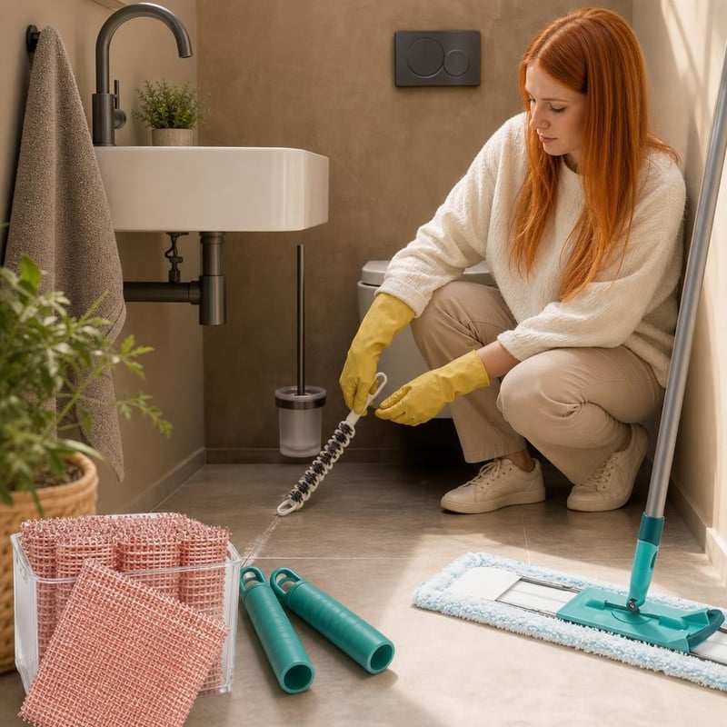 Pachet Curățenie Baie: perie colțuri + 2 cozi mop + perie WC + rezervă mop + 30 lavete cupru + 12 mănuși