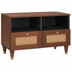 vidaXL TV stolík s 2 zásuvkami, masívne mangovníkové drevo s ratanovou výplňou, hnedý, 70x33,5x46 cm — zlomený drevený kolík v polici (stav: pozri 2. obrázok)