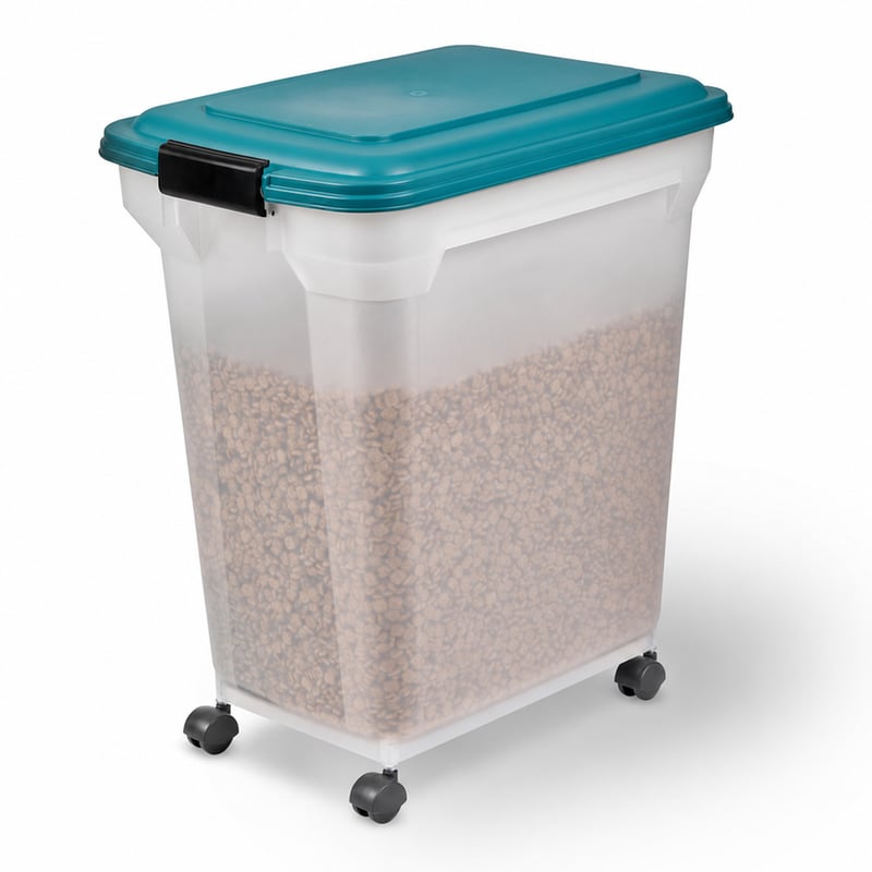 Vzduchotesný zásobník na krmivo pre psov Iris Ohyama ATS-L s kolieskami, 40 l/15 kg, kačacia modrá, plast bez BPA — veko sa nedoviera (stav: pozri 2. obrázok)