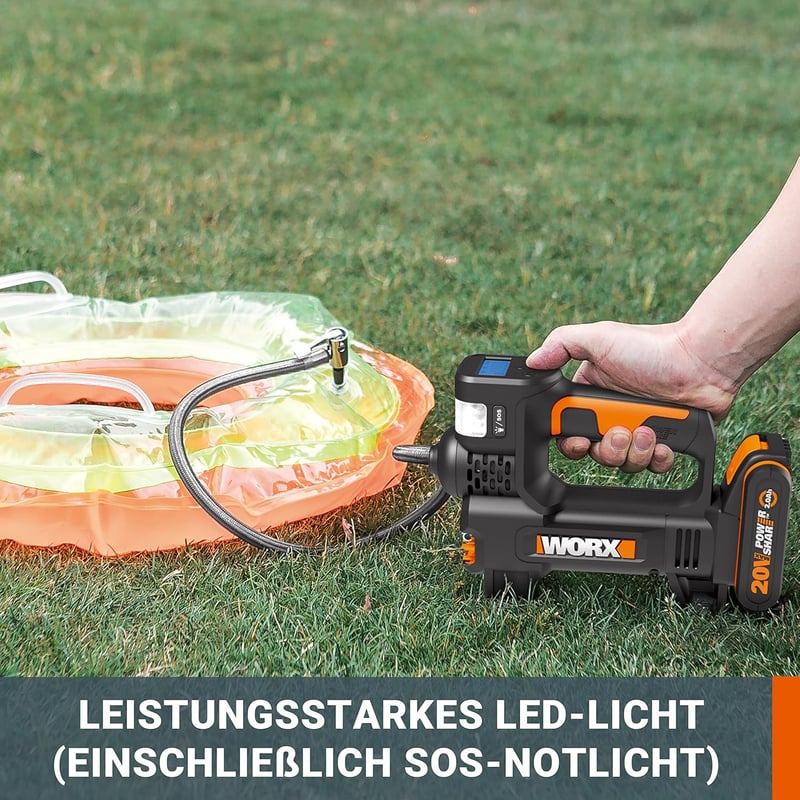 WORX PowerShare WX092 Akkumulátoros Kompresszor 10 Bar Nyomással, LED Világítással, SOS Vészfénnyel, Digitális Nyomásmérővel, Autógumi