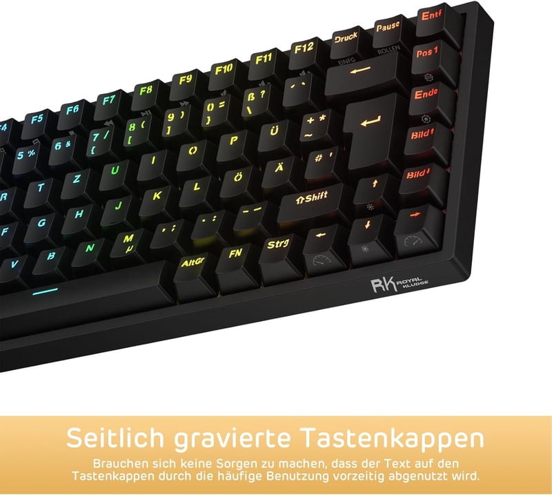 RK ROYAL KLUDGE RK84-DE 75% Kompakt Mechanikus Gamer Billentyűzet, Kék Kapcsolók, RGB Háttérvilágítás, Bluetooth/2.4GHz, Mac és Windows Komp