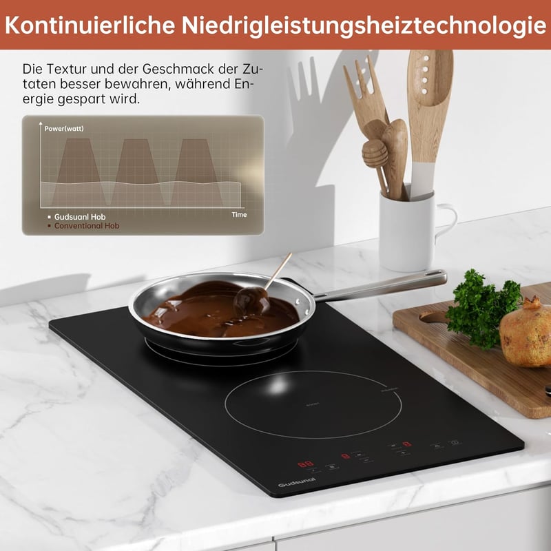 Gudsunal Beépíthető Indukciós Főzőlap 2 Zónával - 3600W, 9 Teljesítményszint, Időzítő, Gyermekzár, Edényérzékelő, Automata Kikapcsolás, Feke
