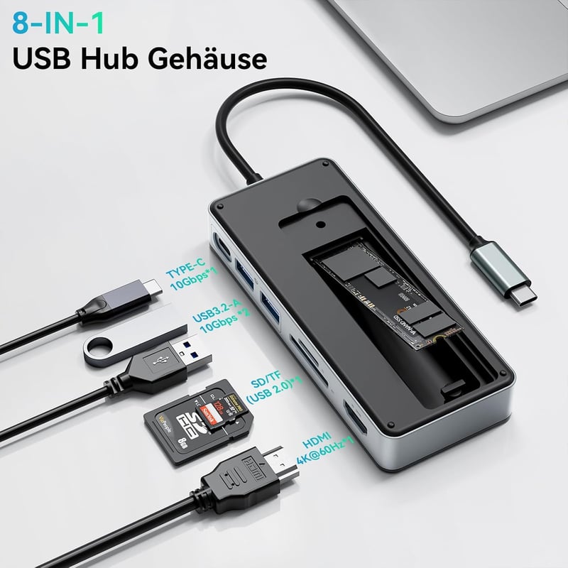 Yottamaster 8-in-1 USB-C Dokkoló M.2 NVMe SSD Házzal, 10Gbps Adatátvitel, 4K@60Hz HDMI, 100W PD Töltés, Kártyaolvasó, Windows/Mac