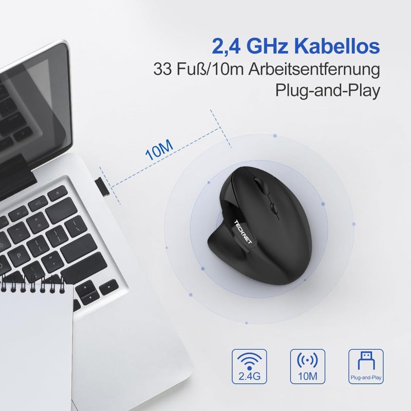 TECKNET Ergonomikus Vezeték Nélküli Egér 2400DPI Vertikális Kialakítással, Újratölthető, 6 Gombos, Fekete - Laptop, PC, MacBook Kompatibilis
