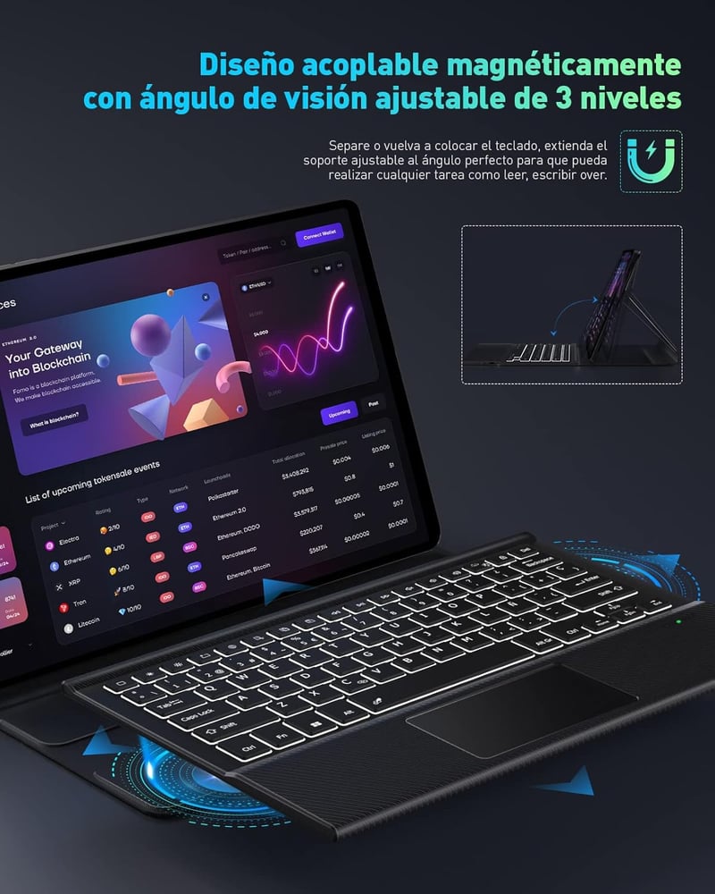 Doohoeek Bluetooth Billentyűzet Tok Samsung Galaxy Tab S8+ 12.4''/S7 FE 2021/S7+ 2020 Tablethez, 7 Színű Háttérvilágítással, Fekete - S8 Plus
