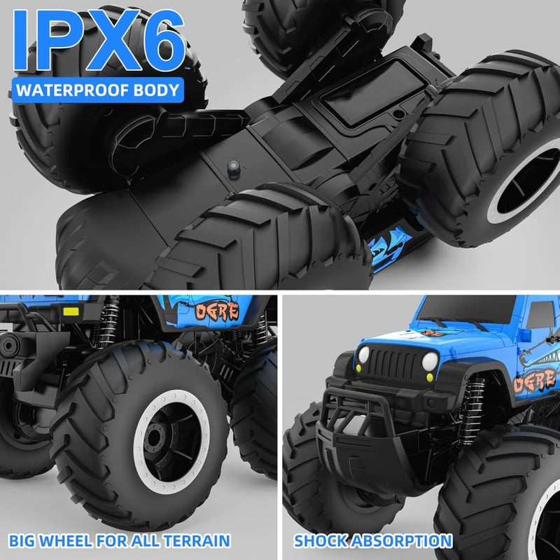 ACAMMZAR Kétéltű Távirányítós Autó Akksis- 2.4GHz 4WD 360° Forgás, Vízálló Monster Truck, 2 Akkumulátorral, Terepjáró RC Jármű 