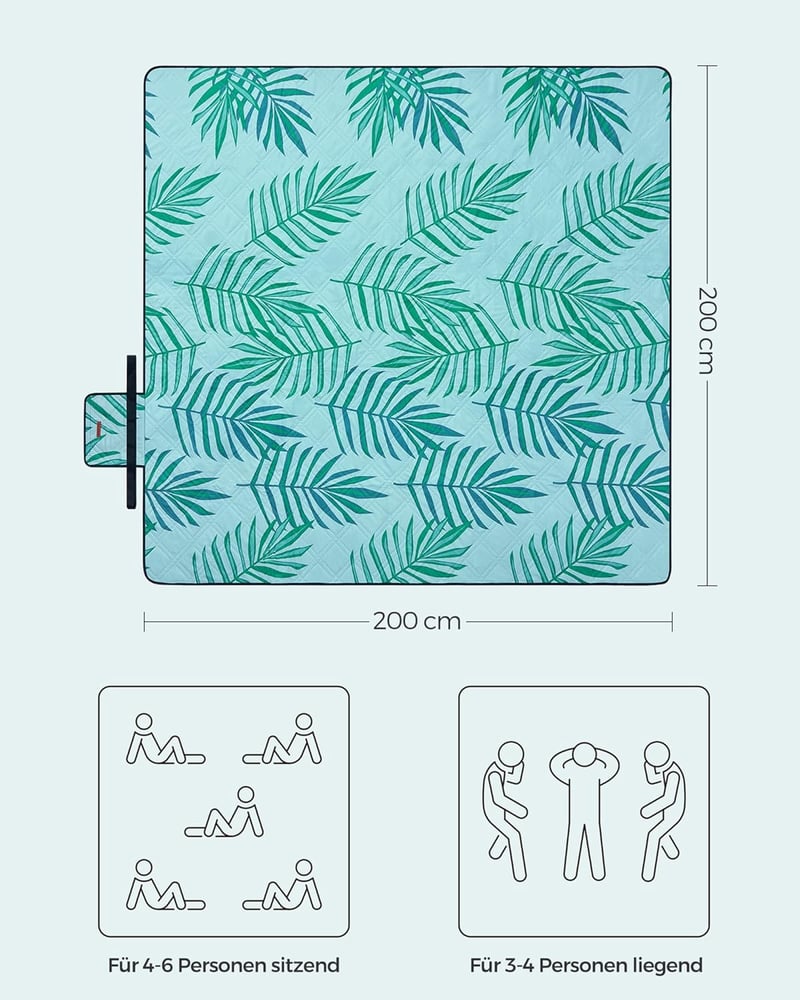 SONGMICS XXL Vízlepergető Piknik Takaró 200x200cm - Páfrány Mintás, Kék, Mosható