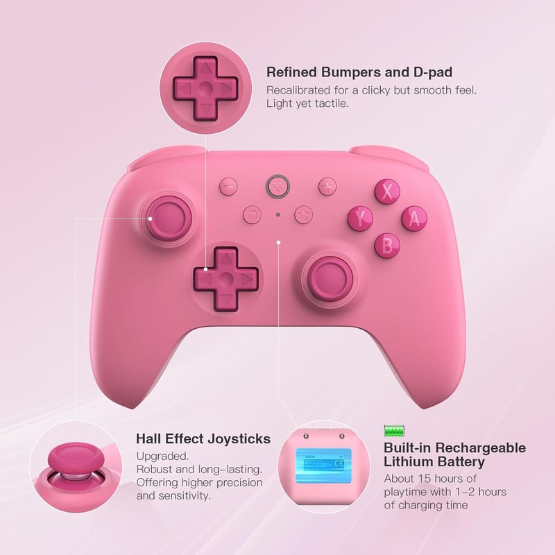 8bitdo Ultimate 2C Bluetooth Kontroller Nintendo Switch-hez - Rózsaszín, Hall-Effekt Joystick, Programozható Gombok, 15 Órás Üzemidő, Mozgás