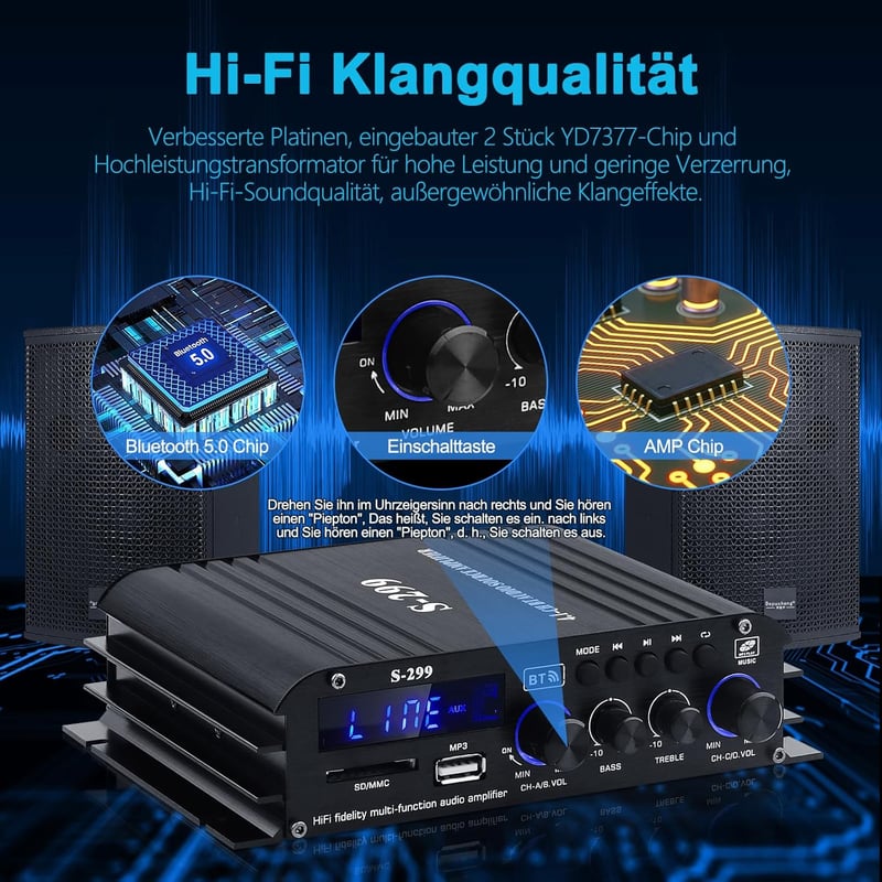 Sikkeby S-299 4.1 Bluetooth HiFi Erősítő, 40Wx4+50W RMS, 800W Max Teljesítmény, Passzív Mélynyomó Kimenet, USB/SD/AUX Csatlakozás, Otthoni H