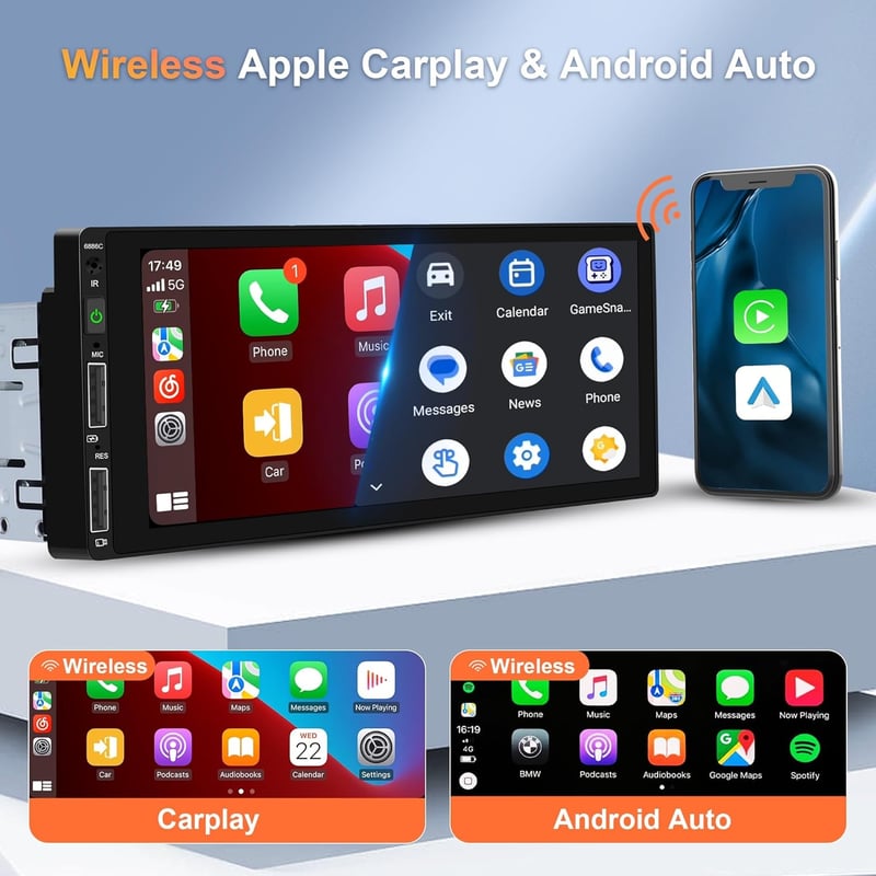 Vezeték nélküli Carplay autórádió 1 DIN Android Bluetooth kihangosítóval, 6,86" érintőképernyővel, tükrözéssel, FM/USB/AUX, kormányvezérléss