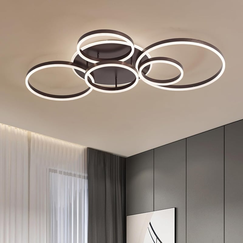 minifair Szabályozható LED Mennyezeti Lámpa, 116 cm, 108W, 6400 Lumen, 6-Gyűrűs Csillár Távirányítóval, Nappali és Hálószoba Világítás, 3000