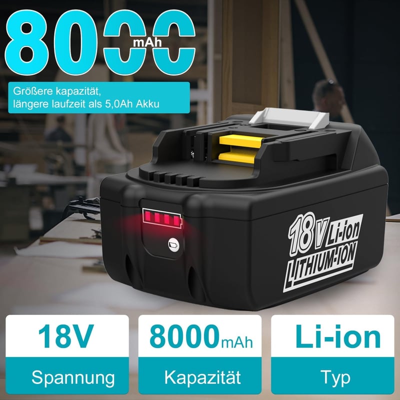 Energup 18V 8000mAh Li-ion Akkumulátor Csomag (2db) - Kompatibilis Makita BL1860B BL1850 BL1840 BL1830 Szerszámokkal - LED Töltésjelzővel