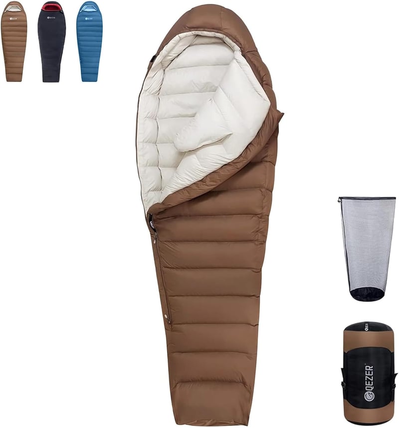 QEZER Ultrakönnyű Pehelytöltetű Hálózsák 660FP - Múmia Alakú, 3 Évszakos, -10°C Komfort, Kávébarna, Kempingezéshez, Túrázáshoz, Felnőtteknek