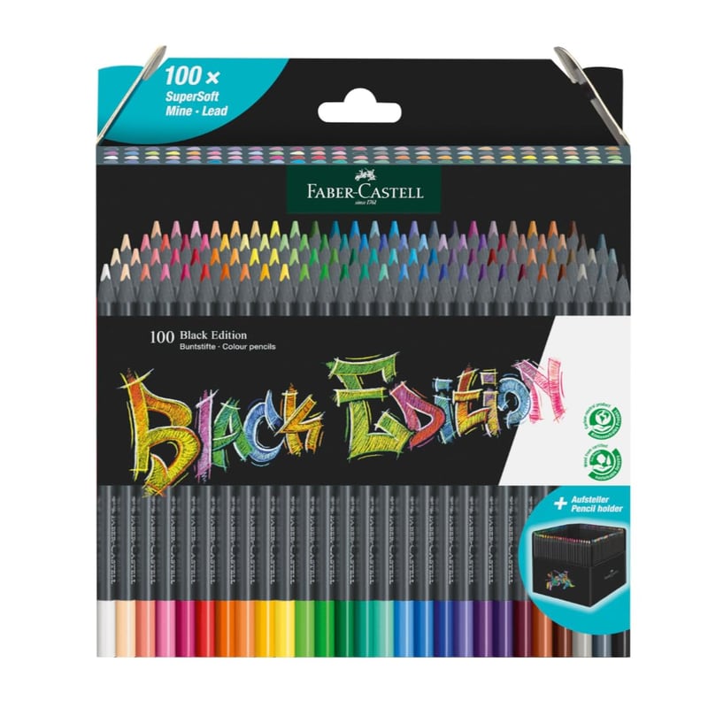 Sada farebných ceruziek Faber-Castell Black Edition, 100 kusov v kartónovej škatuľke, nelámavé, pre deti aj dospelých