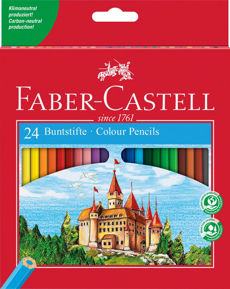 Sada farebných ceruziek Faber-Castell Castle, 24 kusov, šesťhranné — Oranžová a biela ceruzka sú vybrúsené (stav: pozri 2. obrázok)