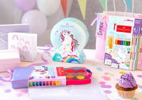 Sada farebných ceruziek Faber-Castell Colour Grip Unicorn Special Edition — 5 ks (zvyšková súprava z pôvodnej), vodou rozmyvateľné pastelové trblietavé ceruzky, s nálepkou 8