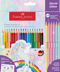Sada farebných ceruziek Faber-Castell Colour Grip Unicorn Special Edition — 5 ks (zvyšková súprava z pôvodnej), vodou rozmyvateľné pastelové trblietavé ceruzky, s nálepkou 3