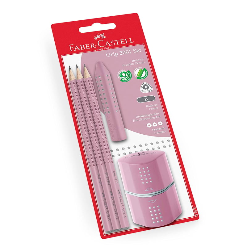 Set creioane Faber-Castell Grip 2001 Rose Shadows, 5 piese - creioane cu duritate B, gumă de șters și ascuțitoare