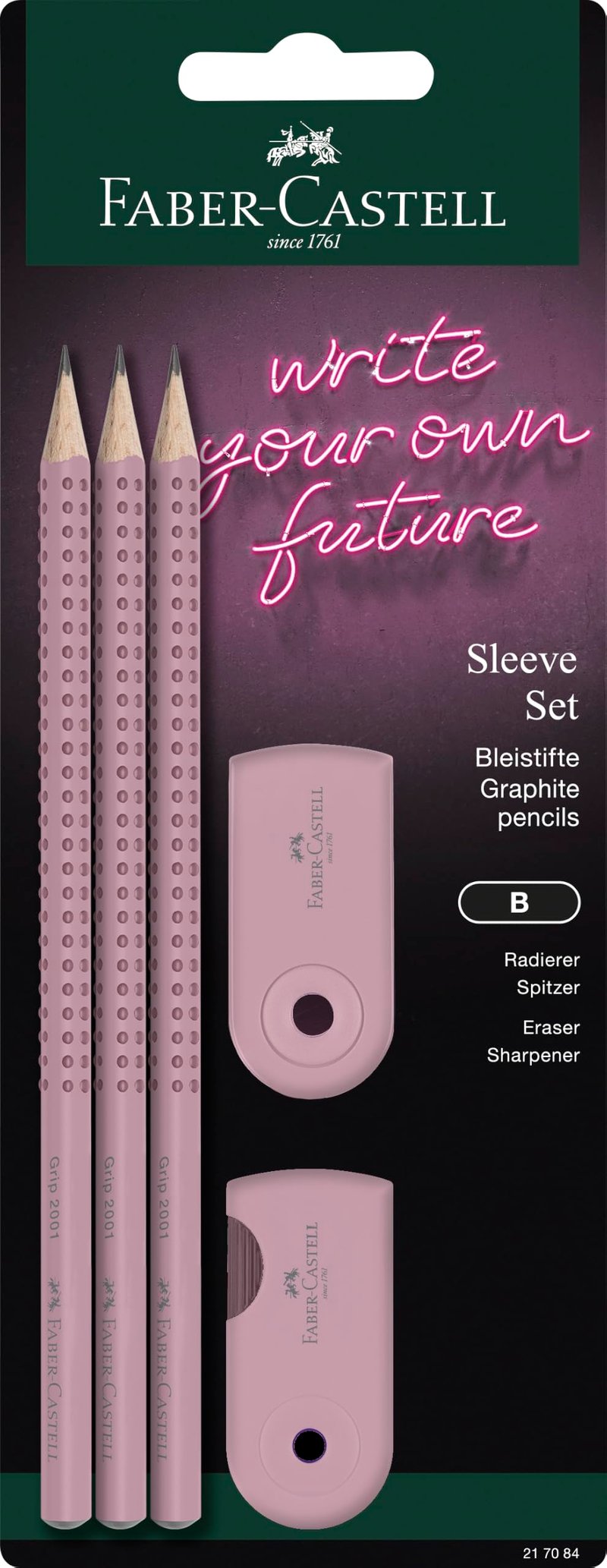 Set de papetărie Faber-Castell Grip 2001 Rose Shadows – 3 creioane, ascuțitoare și radieră, set din 5 piese