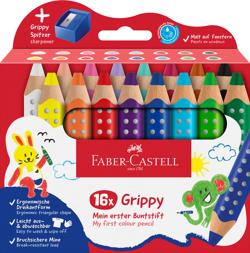 Set Creioane Colorate Faber-Castell Grippy 16 buc cu Ascuțitoare - Set de Desen pentru Copii