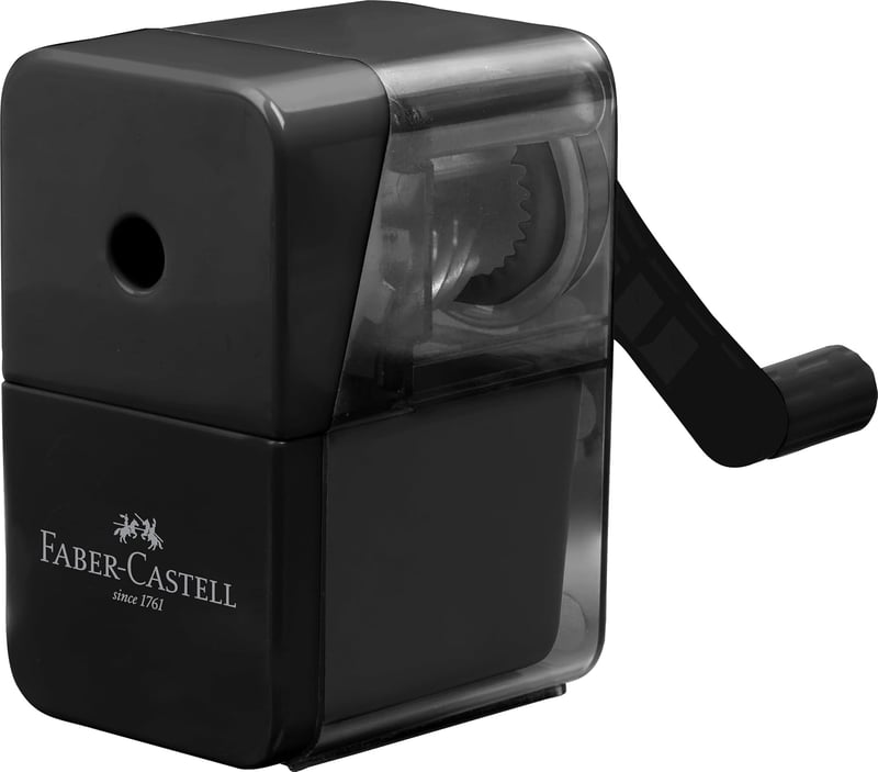 Faber-Castell kézi ceruzaélező hajtókarral fekete, 8,4 mm-ig grafit és színes ceruzához, kiváló penge 5,5x6,5x9 cm