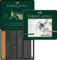Profesionálna súprava na kreslenie Faber-Castell PITT Charcoal 24 ks – Prírodný uhlík v tyčinkách a ceruzkách v kovovej kazete, na skice a portréty 1