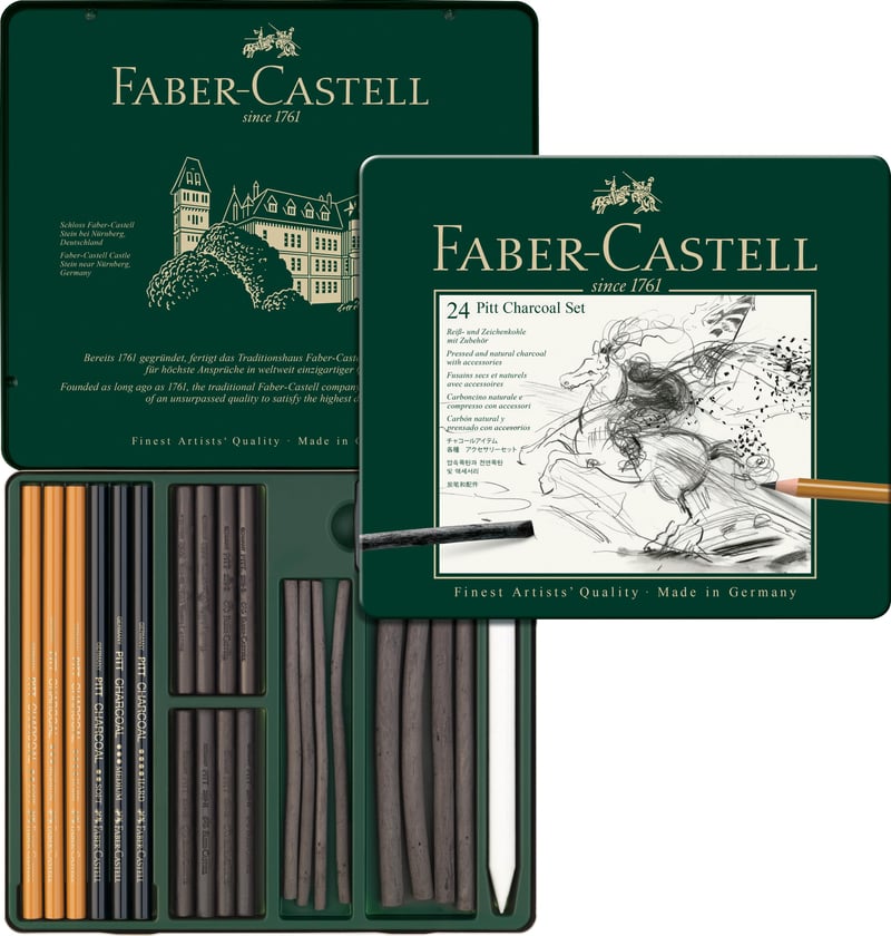 Profesionálna súprava na kreslenie Faber-Castell PITT Charcoal 24 ks – Prírodný uhlík v tyčinkách a ceruzkách v kovovej kazete, na skice a portréty