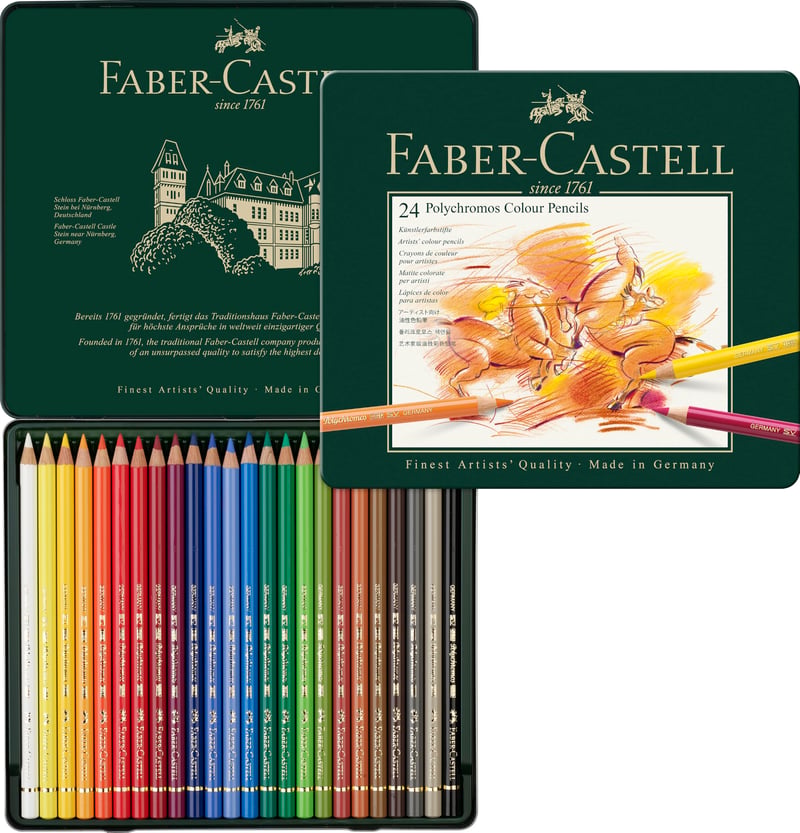 Set de creioane colorate Faber-Castell Polychromos, 24 de culori, în cutie metalică, set de creioane pentru desen artistic