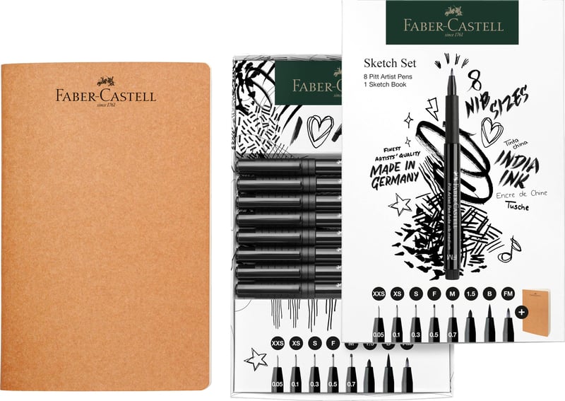 Set de schițe Faber-Castell cu caiet de desen – set de 9 piese pentru începători și avansați