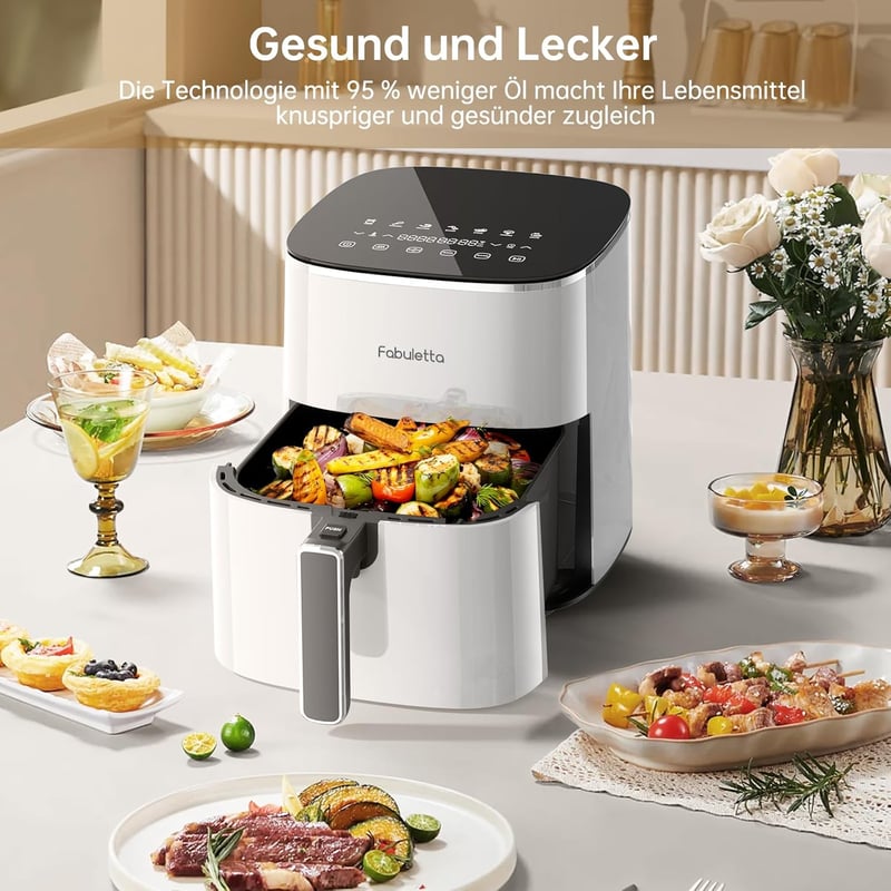 FABULETTA 11-in-1 Forrólevegős Fritőz 5.7L, 1950W, LED Érintőképernyő, 230°C, 95% Kevesebb Olaj, Fehér, Időzítő, Rázó Mód