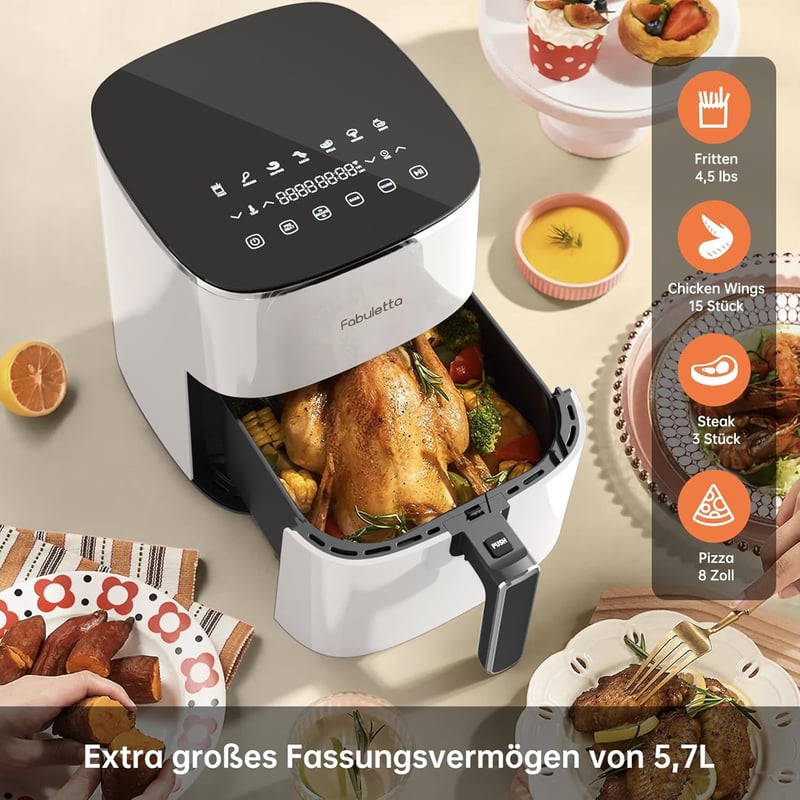 FABULETTA 11-in-1 Forrólevegős Fritőz 5.7L, 1950W, LED Érintőképernyő, 230°C, 95% Kevesebb Olaj, Fehér, Időzítő, Rázó Mód