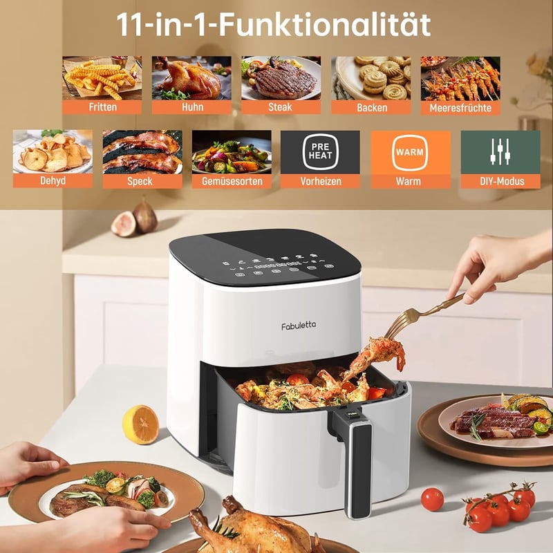 FABULETTA 11-in-1 Forrólevegős Fritőz 5.7L, 1950W, LED Érintőképernyő, 230°C, 95% Kevesebb Olaj, Fehér, Időzítő, Rázó Mód