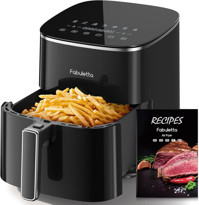 FABULETTA Forrólevegős Fritőz 5.7L - 11 Funkciós Olajmentes Sütő 230°C, LED Érintőkijelző, 6 Órás Időzítő, Gyors Melegítés, Rázás Funkció, 1
