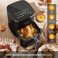 FABULETTA Forrólevegős Fritőz 5.7L - 11 Funkciós Olajmentes Sütő 230°C, LED Érintőkijelző, 6 Órás Időzítő, Gyors Melegítés, Rázás Funkció, 1 7
