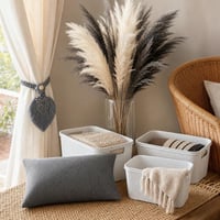 Boho set: 2x makramé úchyt + 3x ratanový košík + ľanový obliečka + váza + 120x pampová tráva 1