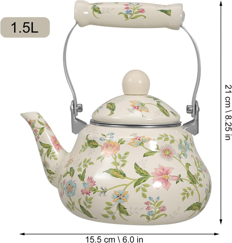 BESTonZON Vintage Teáskanna - Fehér Zománcozott Vízforraló Indukciós Főzőlapra - Retro Stílusú Hordozható Teafőző 730g