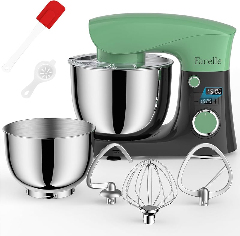 Facelle Konyhai Robotgép 1500W - 5,5L Dagasztógép 10 Sebességgel, Bolygómozgással, Rozsdamentes Acél Tállal, 3 Keverőfejjel, Zöld-szürke
