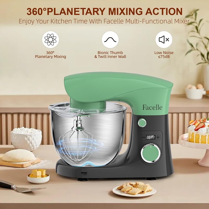 Facelle Konyhai Robotgép 1500W - 5,5L Dagasztógép 10 Sebességgel, Bolygómozgással, Rozsdamentes Acél Tállal, 3 Keverőfejjel, Zöld-szürke