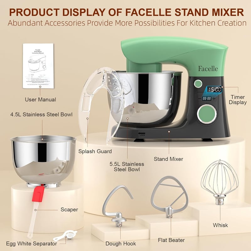 Facelle Konyhai Robotgép 1500W - 5,5L Dagasztógép 10 Sebességgel, Bolygómozgással, Rozsdamentes Acél Tállal, 3 Keverőfejjel, Zöld-szürke