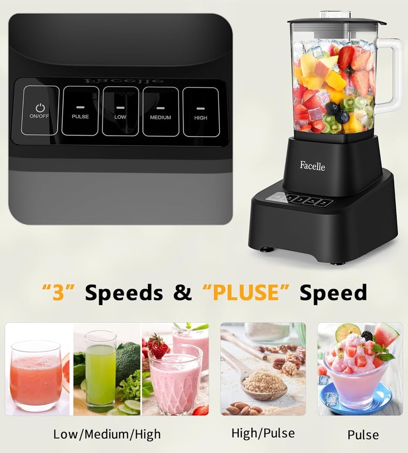 Facelle Turmixgép 1,6L Üvegkancsóval - Érintőképernyős Smoothie Készítő 4 Sebességfokozattal, Kivehető Rozsdamentes Acél Pengével, Fekete